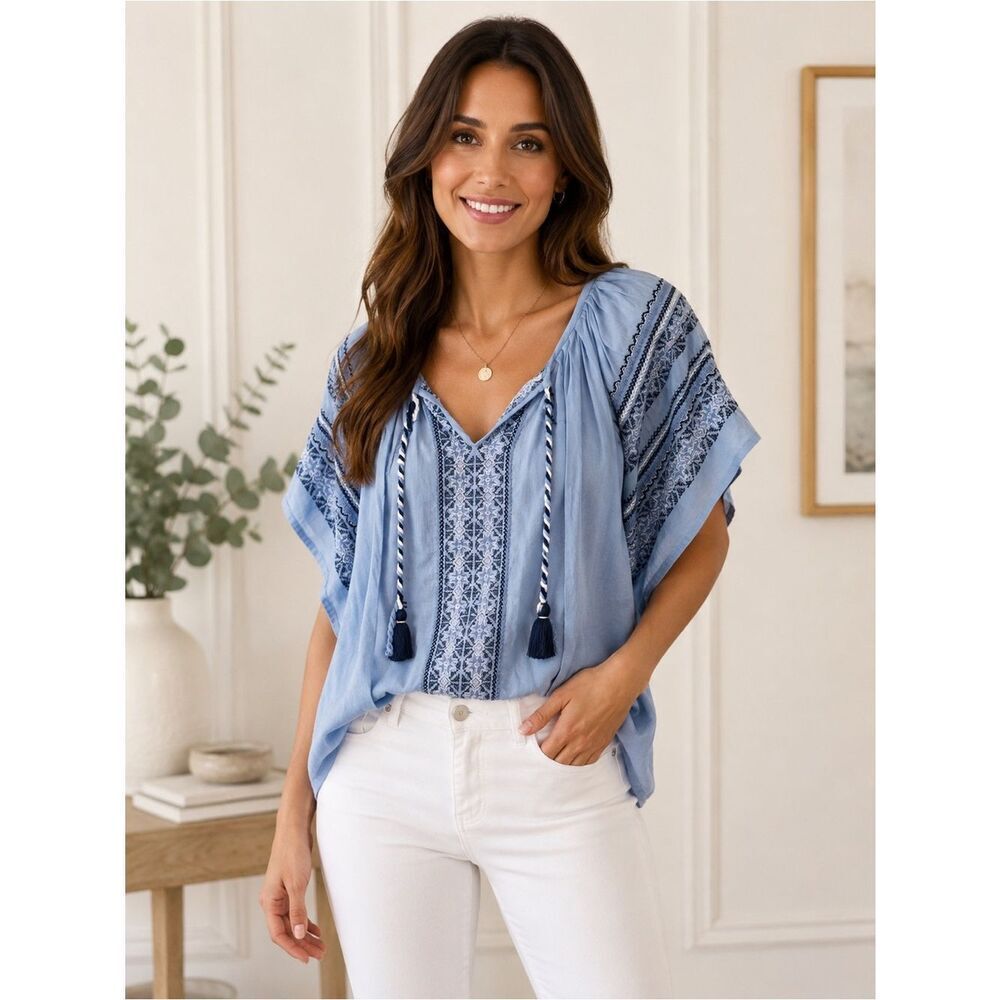 Roller Rabbit Blue Embroidered Tassel Peasant Top XS Boho Cotton Blouse